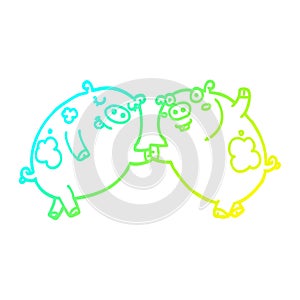 A creative cold gradient line drawing cartoon pigs dancing