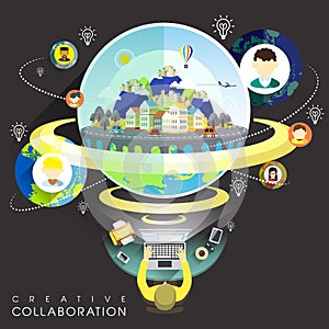 Creative collaboration through internet in flat design