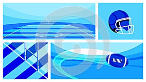 Creative collage. Abstract football-themed illustration in blue color of field, helmet, goalpost, and ball in motion.