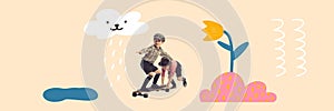 Creative collage, artwork with happy kids, children having fun, skateboarding over light background with drawings