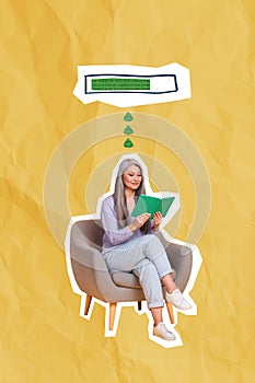 Creative collage artwork of pensioner lady read encyclopedia download useful data charge brain battery education concept