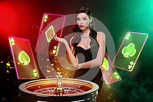 Creative collage banner photo charming young lady stand over roulette table casino game win jackpot cards blackjack