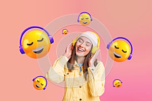 Creative collage banner young pretty young cheerful girl wear headphones music listener audio meloman song emoticon photo