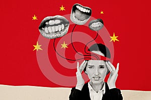Creative collage of black white colors angry talking mouth inside stressed girl head isolated on drawing red background