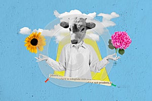 Creative collage of black white colors girl cow head arms fingers meditate hold fresh flowers isolated on blue