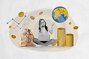 Creative collage of black white effect happy girl use netbook speak telephone planet earth globe pile stack money coins