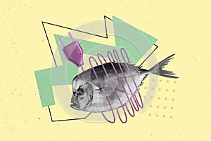 Creative collage concept wild fish stuck in ocean wrapped electronic cable unplugged kills animals nature isolated on