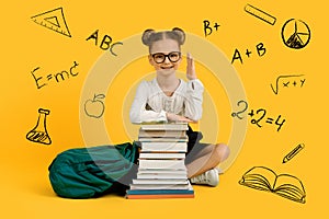 Creative Collage With Cute Little Schoolgirl Raising Hand And Drawn Educational Icons