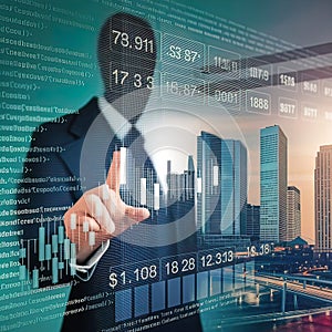 creative collage depicting finance and the world with digital software computer code and exchange rates