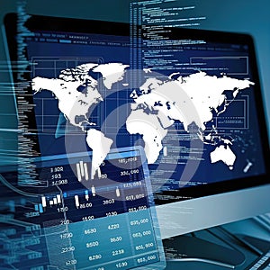 creative collage depicting finance and the world with digital software computer code and exchange rates