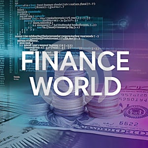 creative collage depicting finance and the world with digital software computer code and exchange rates