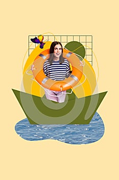Creative collage design picture of young funky girl wear lifebuoy swimming painted paper ship sea adventures isolated on