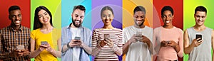 Creative Collage With Diverse People Using Smartphones Over Colorful Backgrounds