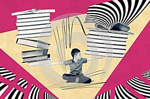Creative collage about education process with teen boy and books