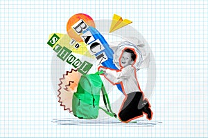 Creative collage of excited black white effect boy hold rucksack prepare back to school paper plane isolated on