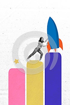 Creative collage featuring a rocket and bar graphs portraying growth, innovation, and ambition in a modern artistic
