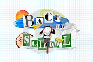 Creative collage image of black white effect girl carry rucksack running back to school paper plane isolated on