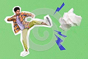 Creative collage image of mini sporty guy leg kick fight big crumpled paper isolated on painted green background