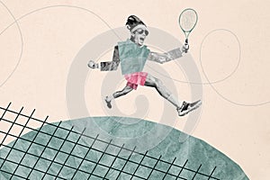 Creative collage image picture young happy energetic man coach tennis player racket match tournament drawing background