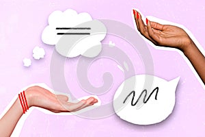 Creative collage image of two people arms communication bubble learn syntactic isolated on creative background photo