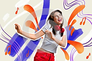 Creative collage image young cheerful woman enjoy party club disco dancer headphones meloman music audio listener photo