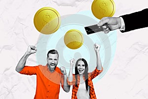 Creative collage image young happy cheerful man woman triumph success celebrate profit earnings credit card payment