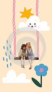 Creative collage with little girls swing on drawn swing over light background with drawings, doodles and illustration