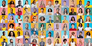 Creative collage with lot of smiling multicultural faces over colorful backgrounds