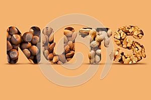 Creative Collage Made Of Different Nuts: Hazelnut, Almond, Peanut, Walnut With Realistic Shadows on Beige Background