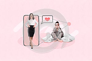 Creative collage of mini positive elegant unsatisfied pajama girls big smart phone display like notification isolated on photo