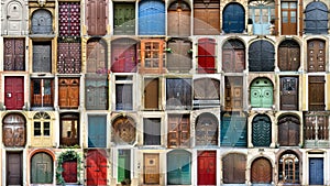 Creative collage with multitude of colorful ancient front house doors