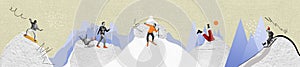 Creative collage panorama illustration collection of skiing people likes extreme sports have fun in winter isolated on