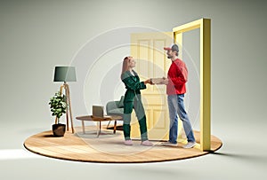 Creative collage with photo and 3d illustration of young woman receiving box from delivery man, courier at the door