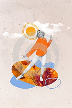 Creative collage photo of nice cute woman with drawn orange pullover dancing in sky on autumn leaves puddle clouds sun