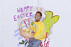 Creative collage photo template of positive funny teen girl holding basket with painted eggs on easter isolated on