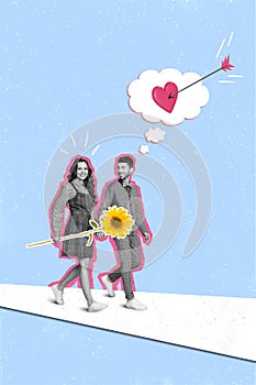 Creative collage photo of two people young couple walking hands together girlfriend hold sunflower gift amour arrow