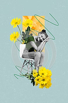 Creative collage photo of young cute smiling woman sitting chair yellow daisy flowers bouquet relaxing isolated on blue
