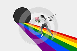 Creative collage picture banner poster running young girl retro hold bouquet flowers rainbow road freedom equality