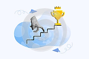 Creative collage picture of black white colors arm fingers walk climb stairs upwards champion trophy cup  on