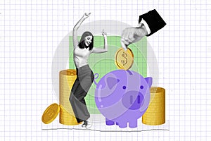 Creative collage picture black white filter cheerful happy young woman dance saving piggy bank hand put coin cash