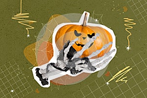 Creative collage picture of dead skeleton arm hold carved horrifying pumpkin isolated on drawing background