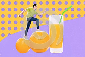 Creative collage picture of excited person running climb oranges juice glass isolated on drawing background