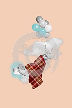 Creative collage picture happy carefree young sleeping girl fly sky clouds sleepover tired air balloons daydream surreal