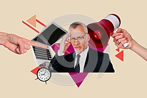 Creative collage picture illustration elder businessman head ache noise deadline problem alarm time laptop distance work