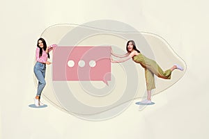 Creative collage picture image two young girls holding typing label icon social network communication correspondence
