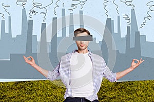 Creative collage picture meditation man fabric manufacture background air toxic pollution chimney emissions ecology harm