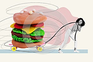 Creative collage picture of mini cheerful black white gamma girl pull rope huge plasticine burger skateboard isolated on