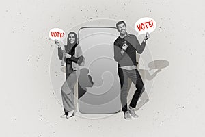 Creative collage picture standing two young people encourage vote smartphone online digital device proclaim rights