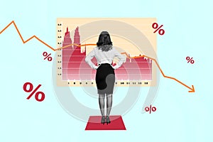 Creative collage picture standing young businesswoman attractive lady forex trader economy finance statistics crisis