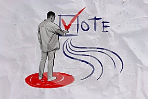 Creative collage picture standing young man make choice checkbox tick select candidate referendum election concept